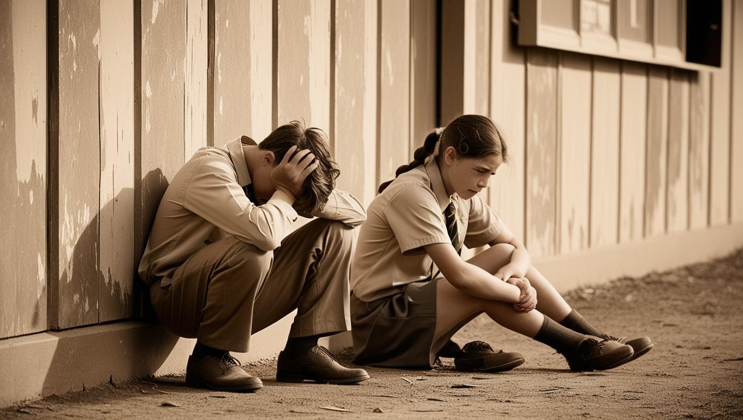 Consequences - Children sitting against a wall in distress