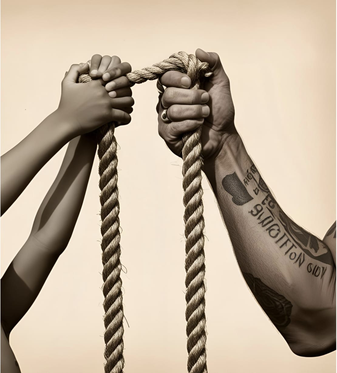 Redemption - Hands gripping a rope, symbolizing connection and struggle